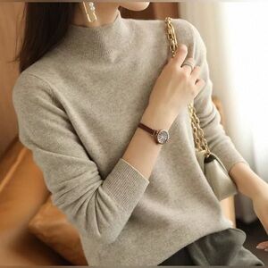 Taupe Brown Mock Neck Knit Sweater Long Sleeve Minimalist
